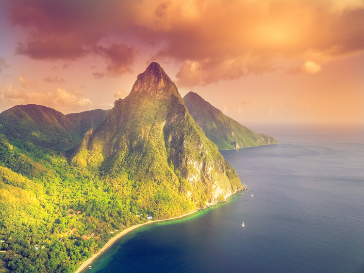 Sunset view of Gros Piton in Saint Lucia